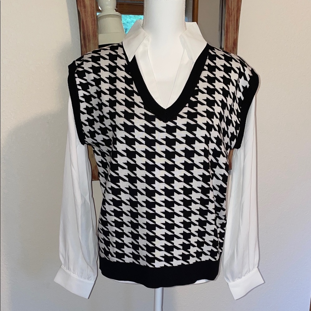 Adrianna Papell Black and White V-Neck Sweater Vest and blouse twofer.